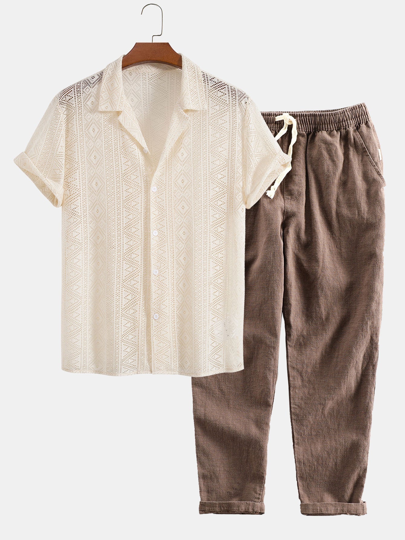 Short Sleeve Geometry Textured Cuban Shirt & Linen Cotton Blend Cropped Pants