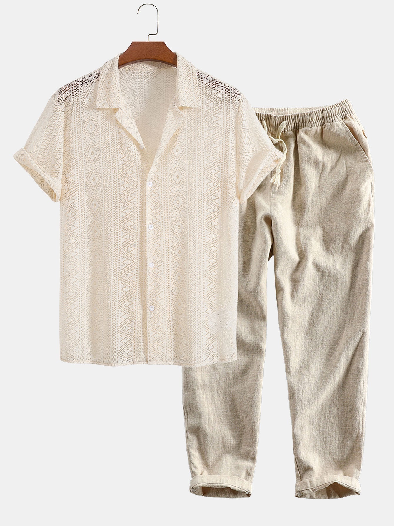 Short Sleeve Geometry Textured Cuban Shirt & Linen Cotton Blend Cropped Pants