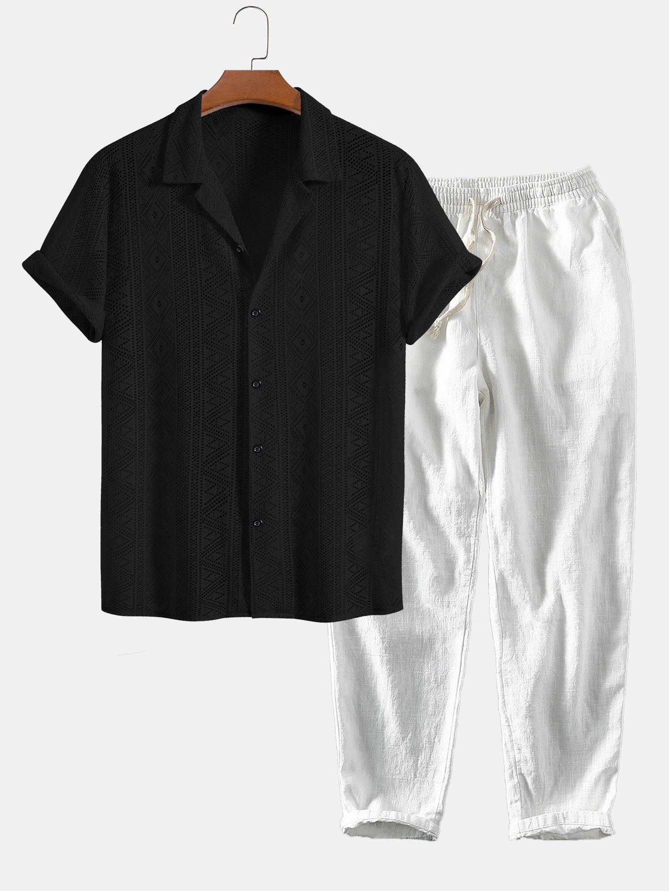 Short Sleeve Geometry Textured Cuban Shirt & Linen Cotton Blend Cropped Pants